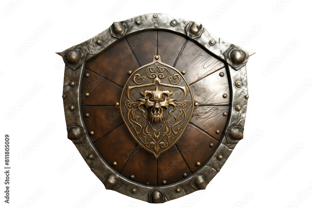 A wooden shield with a metal rim and a lion's head in the center. The shield is brown and the metal is black.