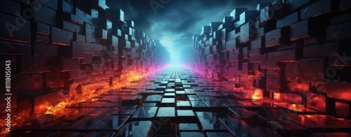 Infinite Neon Cube Corridor Glowing in Futuristic Hues. photo