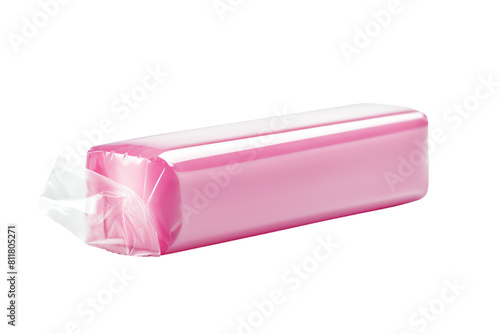 Pink rectangular candy, wrapped in a clear wrapper.