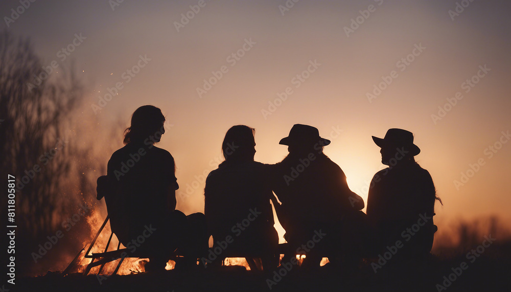 silhouettes of people having fun around a bonfire, sitting, playing guitar, chatting
