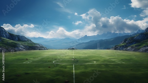 A football field with a scenic, picturesque backdrop photo