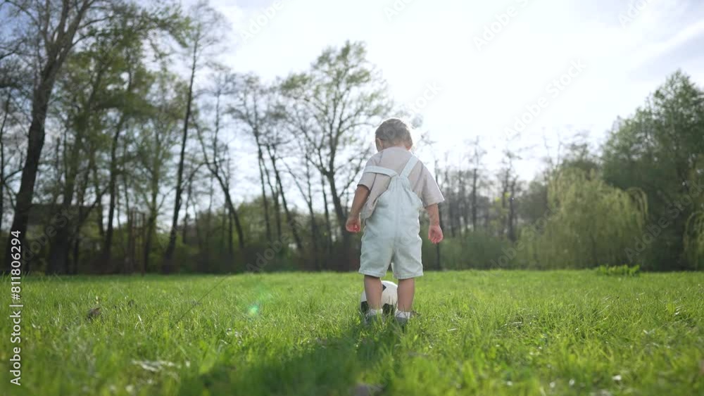 Toddler playing soccer in park. Child kicking ball for sport. Active playtime outside in nature. Young kid enjoying playtime and sport. Summer day fun and active play on green grass outdoors. Toddler playing soccer in park. Child kicking ball for sport. Active playtime outside in nature. Young kid enjoying playtime and sport. Summer day fun and active play on green grass outdoors.