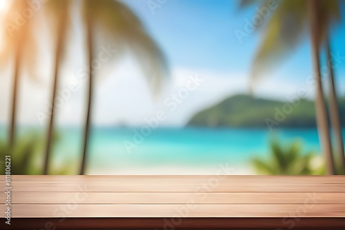 Empty wood table top  with blur seascape  tropical palm tree background. bright tone.
