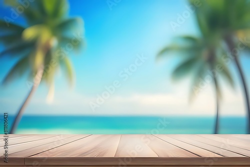 Empty wood table top, with blur seascape, tropical palm tree background. bright tone.