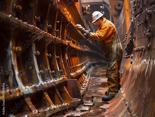 Skilled Shipbuilders Carefully Assembling Complex Components in Shipyard photo