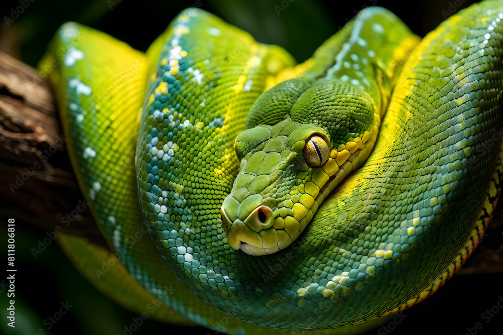 Green tree python in Detail. Suitable for biology textbooks, wildlife ...