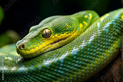 Vibrant green tree python on branch; ideal for wildlife education, exotic pet care, and nature-themed designspython