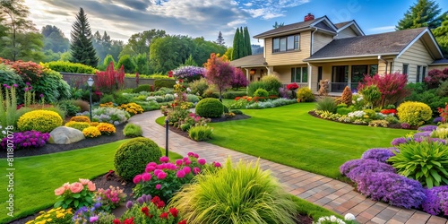 Colorful flowerbeds in the front yard of a house. AI generated 