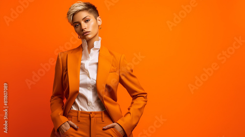 A woman in a stylish orange suit stands confidently against an orange background, Bold vibrant style, gender fluid