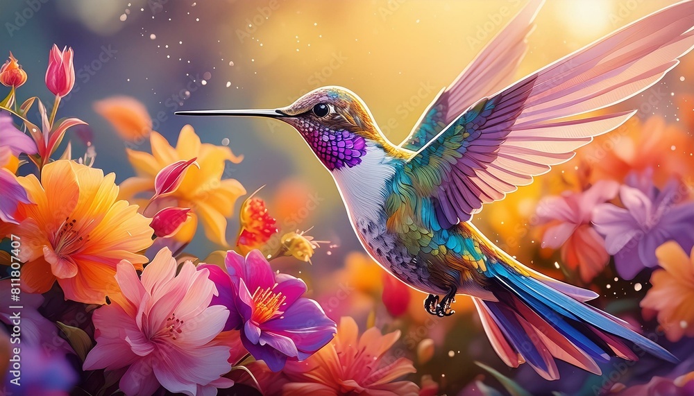 Describe the intricate dance of a hummingbird as it flits between flowers in search of nectar.