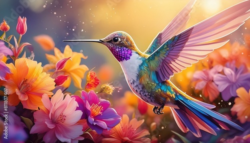 Describe the intricate dance of a hummingbird as it flits between flowers in search of nectar. oiseau  vecteur  fleur  nature  illustration  floral  papillon  animal