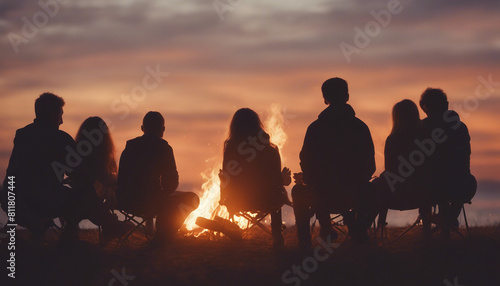 silhouettes of people having fun around a bonfire  sitting  playing guitar  chatting 