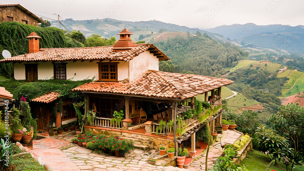 A charming rural house with a terracotta tile roof nestled in the lush green mountainside, featuring a beautiful garden.