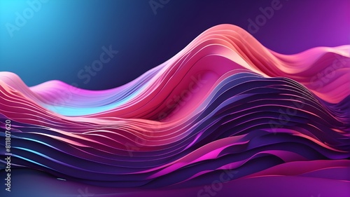 Abstract, stylish 3D wave element with pink, purple, and blue waves. Neon-lit, futuristic mobile logo banner background with lines and stripes. Contemporary digital effect, dynamic energy flow visual 