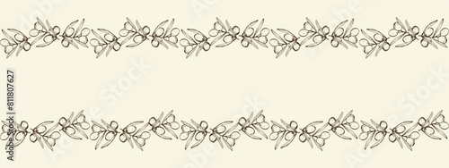 Decorative horizontal seamless border, painted olive branches on beige background. Delicate seamless herbal pattern. Hand drawn olives.
