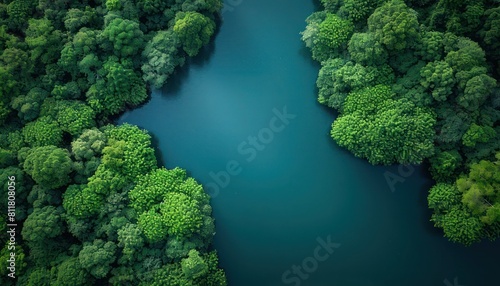 Flat Aerial Landscape: Riverbank Covered in Green Trees, Dark Water, Master Work photo