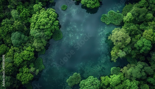 Aerial View of Riverbank and Water: Flat Shot with Lush Green Trees on Left, Dark Water on Right photo