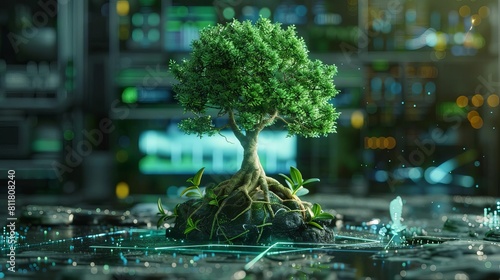 Virtual digital biotechnology tree engineering concept 3D render VR helmet augmented reality vitamin supplement Medical science life eco polygon biology future research vector illu