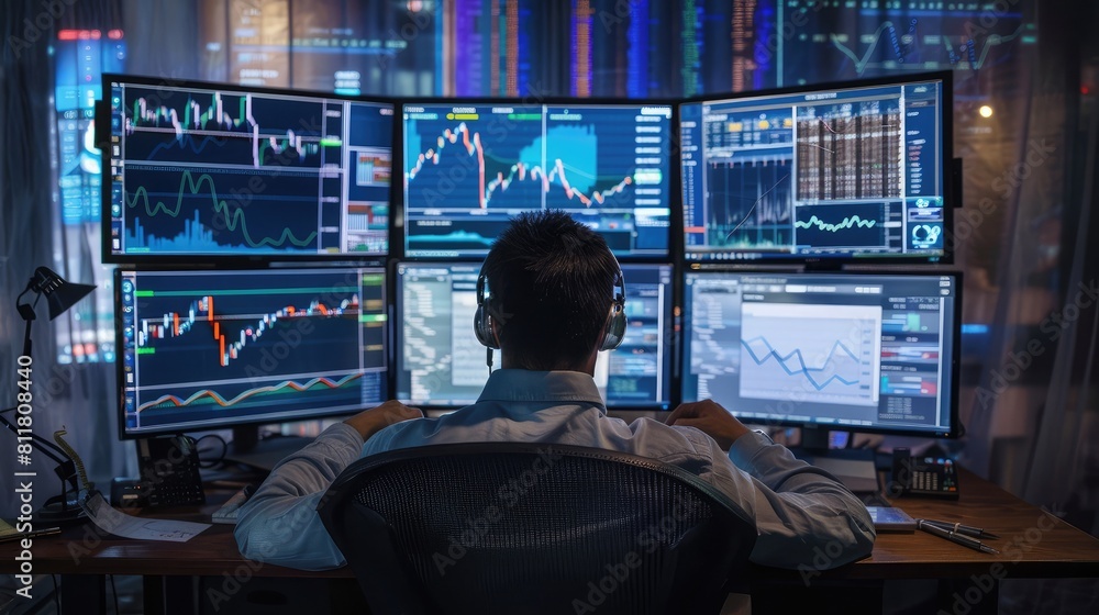 Big Data Finance: A person working on financial analytics with multiple screens. Big Data Finance: A person working on financial analytics with multiple screens.