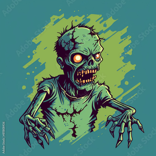 Photo illustration, A menacing zombie with glowing eyes, emerging against a vibrant background