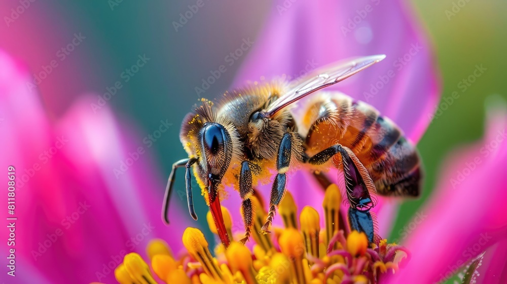 Honey Bee on Pink Zinnia Flower Gathering Pollen | Macro Shot of Insect Pollinator for Agriculture and Nature Education Honey Bee on Pink Zinnia Flower Gathering Pollen | Macro Shot of Insect Pollinator for Agriculture and Nature Education
