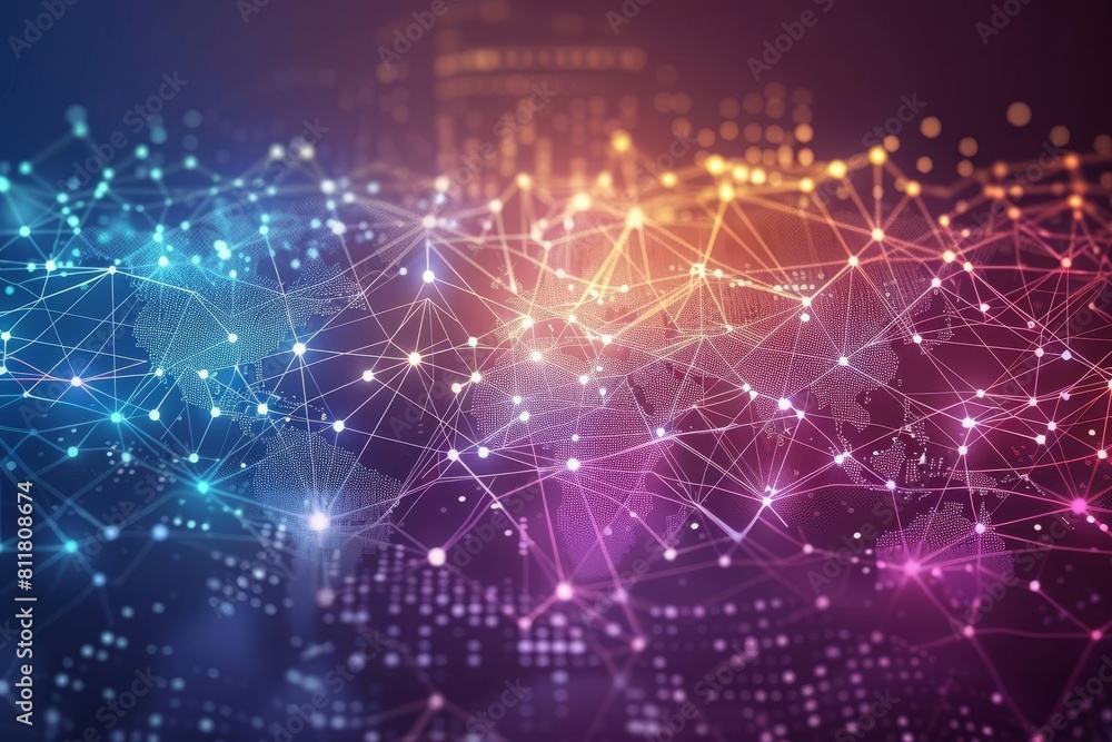 Interactive global network background, with touchpoints and digital waves emanating from various countries in vibrant colors Interactive global network background, with touchpoints and digital waves emanating from various countries in vibrant colors
