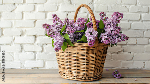 Wicker basket with beautiful lilac flowers on wooden