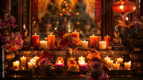 Buddhist Traditions: An altar adorned with candles and offerings. © buraratn