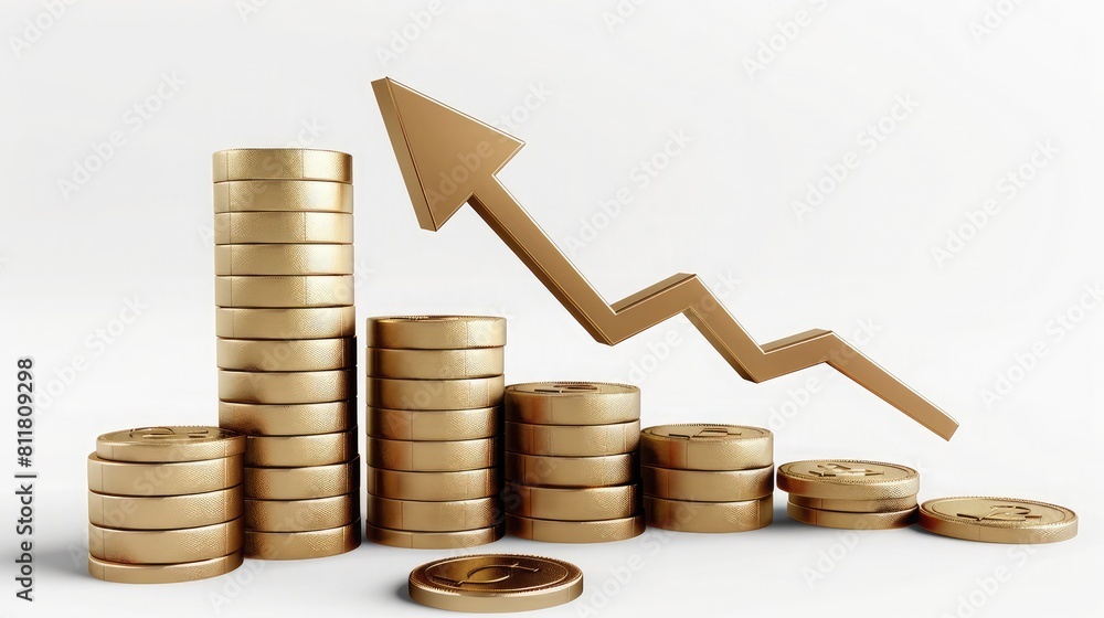 Bullion Boom: Stack of gold coins with an arrow pointing upwards. Bullion Boom: Stack of gold coins with an arrow pointing upwards.