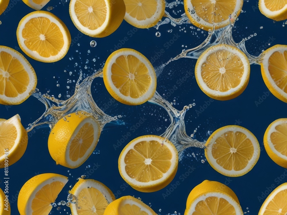 Lemon slices in water with splashes on a blue background Lemon slices in water with splashes on a blue background