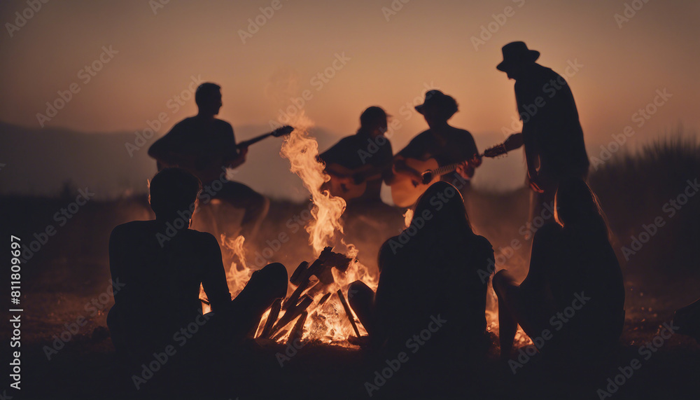 Obraz premium silhouettes of people having fun around a bonfire, sitting, playing guitar, chatting 