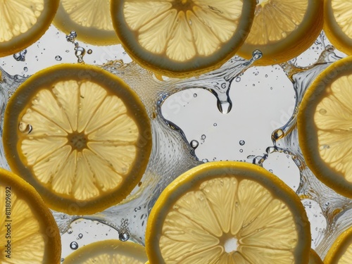 Lemon water, lemonade. Background with lemon circles. Refreshing water infused with sliced lemons