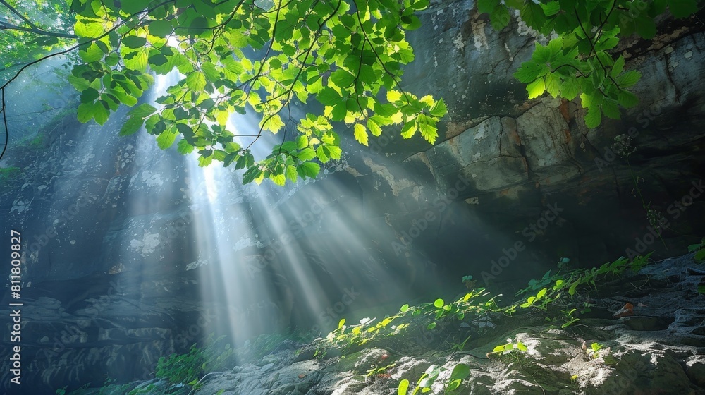 A tree with leaves is in the sunlight