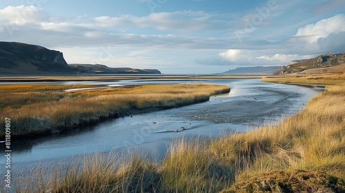 A tranquil estuary at midtide, with water gently flowing in and out, supporting diverse ecosystems