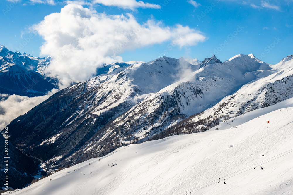 View of mountains covered in snow during winter season, Loetschental valley, Switzerland View of mountains covered in snow during winter season, Loetschental valley, Switzerland