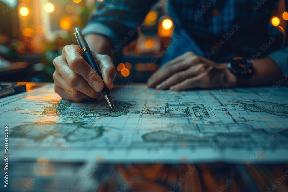 Depicts an architect engrossed in working on a blueprint with dramatic lighting at a workspace