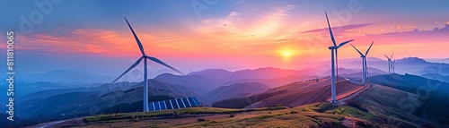 Windmill with wind turbines and solar panels operating in the valley Renewable energy development and sustainable wind power concept10