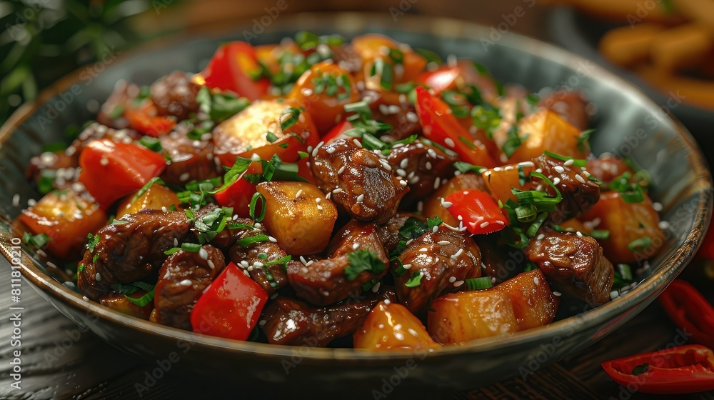 Bring the flavors of Peruvian lomo saltado a photorealistic scene of the stir fry dish with fries and veggies Bring the flavors of Peruvian lomo saltado a photorealistic scene of the stir fry dish with fries and veggies
