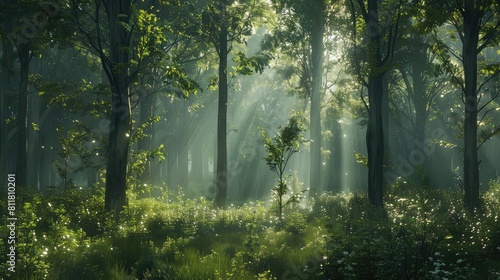 Enchanted Forest: Sunlight filtering through dense woodland trees. © buraratn