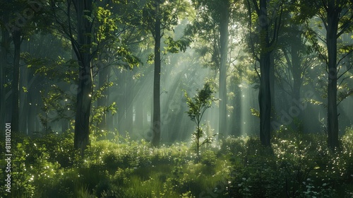 Enchanted Forest: Sunlight filtering through dense woodland trees.