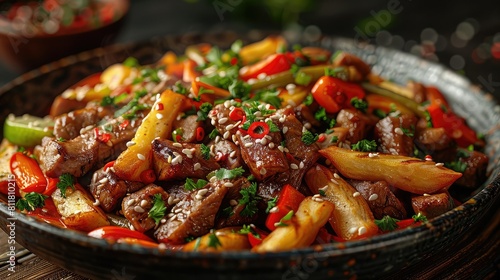 Bring the flavors of Peruvian lomo saltado a photorealistic scene of the stir fry dish with fries and veggies