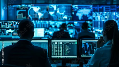 Global surveillance center. Operators monitor multiple screens displaying data, maps, analytics, capturing the intense focus, high-tech environment essential for modern security operations