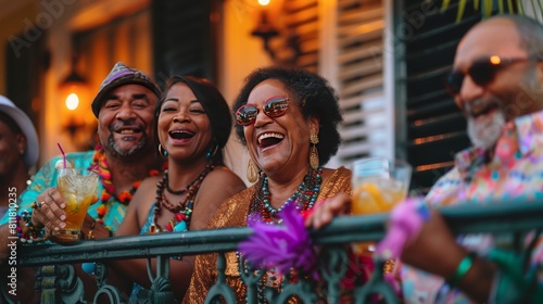 A cheerful gathering on a New Orleans balcony during Mardi Gras, with participants sipping cocktails and laughing