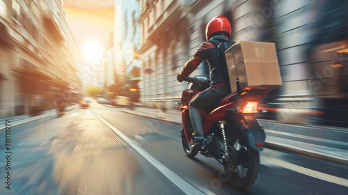 Express Delivery  Courier motorcycle speeding through city streets with parcels.