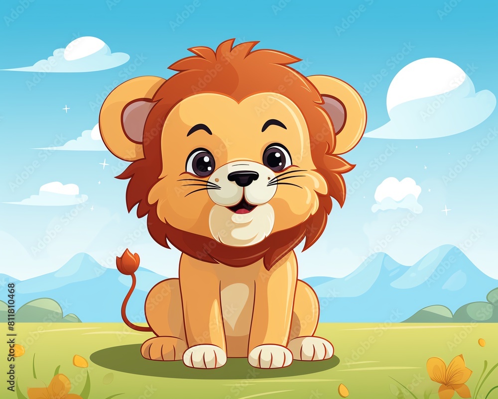 A cute cartoon lion is sitting in a grassy field, looking at the viewer with a friendly smile A cute cartoon lion is sitting in a grassy field, looking at the viewer with a friendly smile