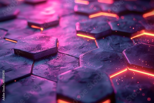 Angled perspective of illuminated hexagonal tiles with neon lighting highlighting edges and textures