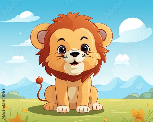 A cute cartoon lion is sitting in a grassy field  looking at the viewer with a friendly smile
