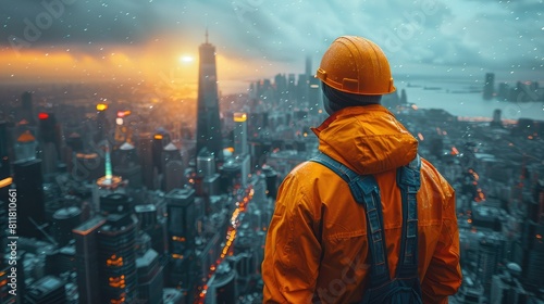 Builder at skyscraper construction with futuristic city background photo