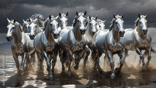 white horses is running through a shallow body of water