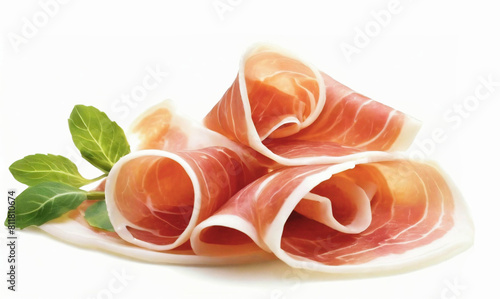 Prosciutto, thin slices, closeup, isolated on a white background